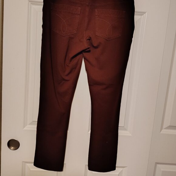 Calvin Klein Burgundy Stretch Skinny Pant Faux Leather Trim + Denim Look SZ 10 - Picture 4 of 6